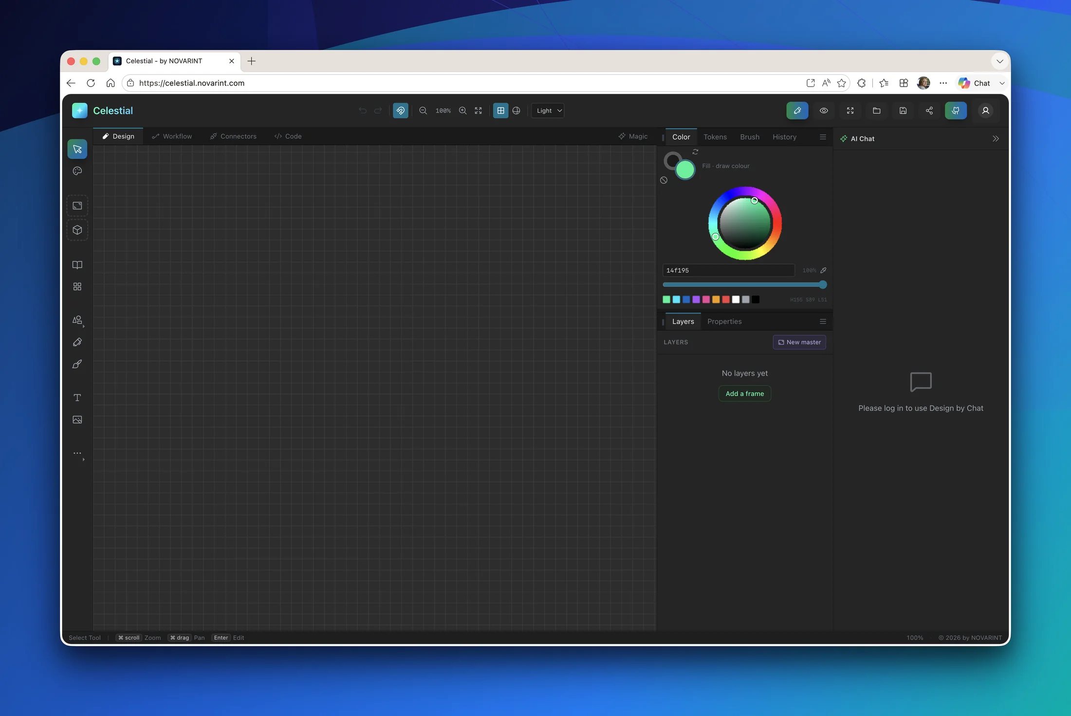 The Celestial editor: infinite canvas, colour wheel, layers and AI chat in the browser