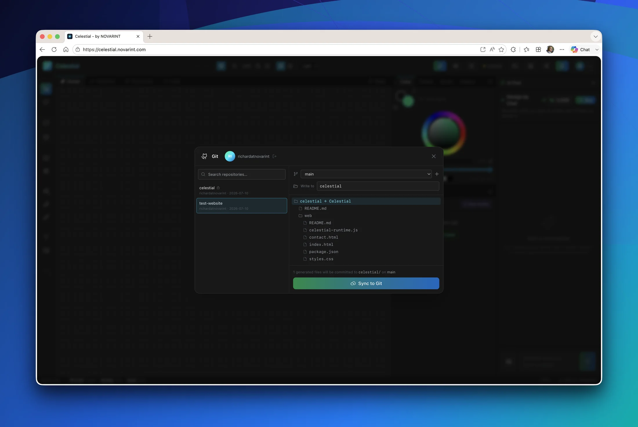Celestial's Git dialog syncing generated files to a GitHub repository on main
