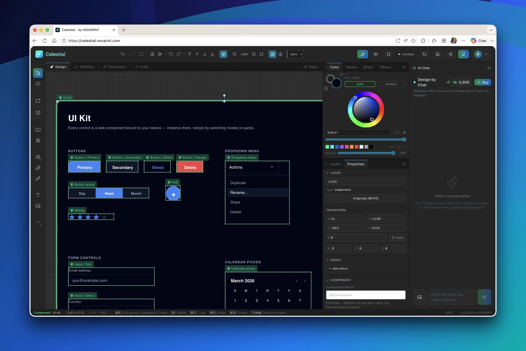 The Celestial UI Kit: buttons, form controls, dropdowns and a calendar picker as live components